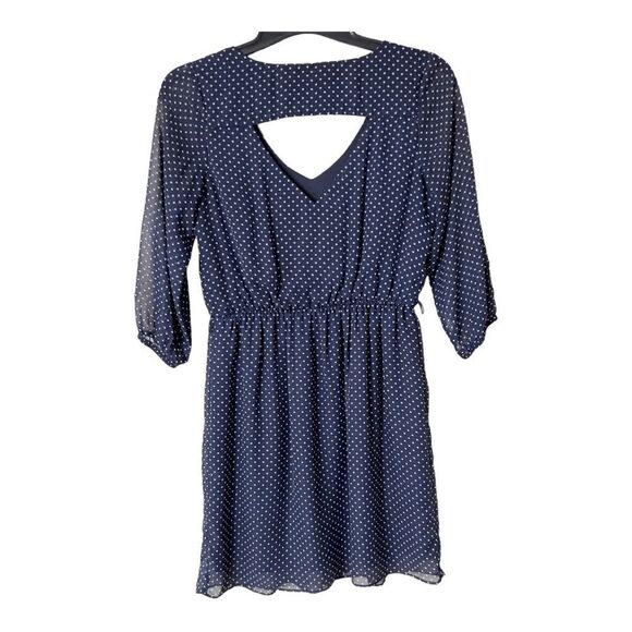 BCX 3/4 Sleeve V Neck Elastic Waist Navy White Polkadot Dress Size Medium - Picture 2 of 7
